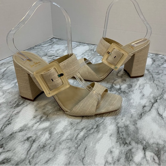 Sam Edelman New York sandal heels tan/gold tone , large buckles, very elegant.
